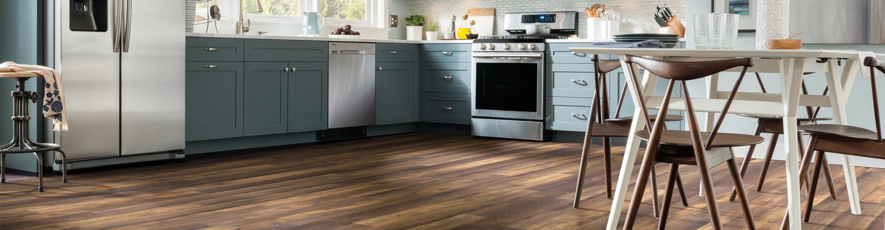 dark wood look vinyl flooring in kitchen